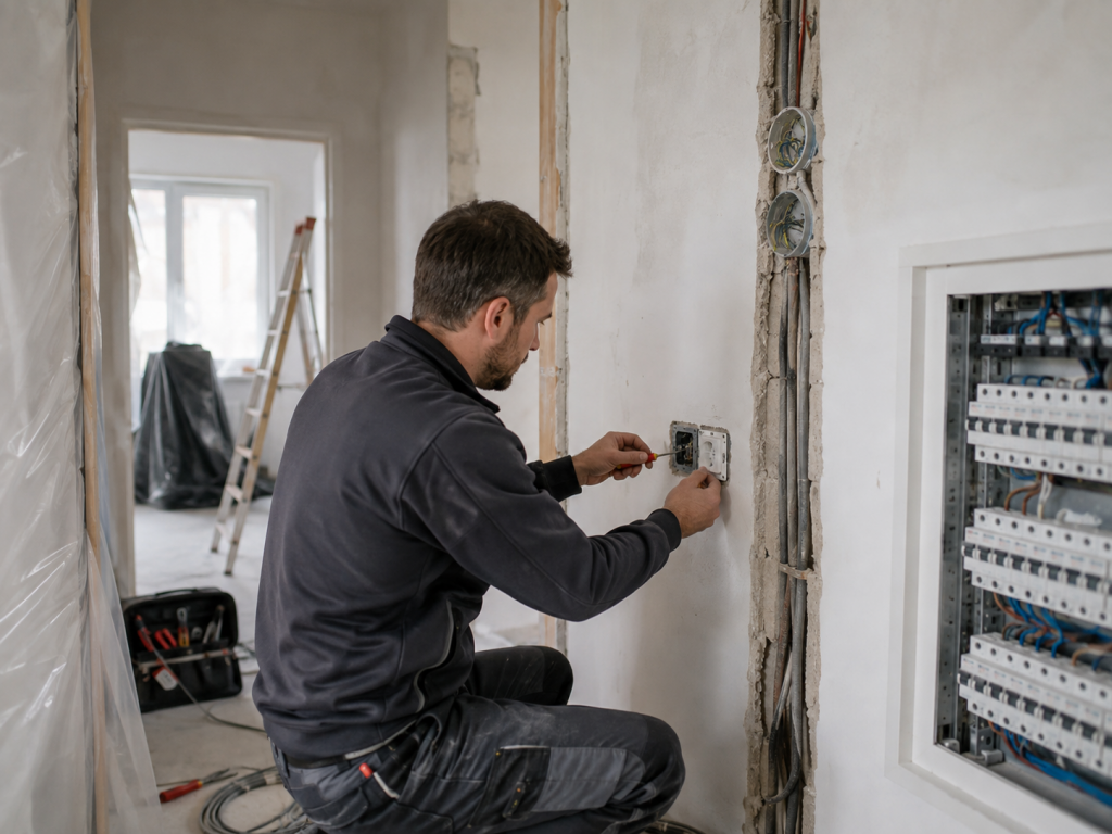 Mann arbeitet an Elektrotechnik während einer Sanierung