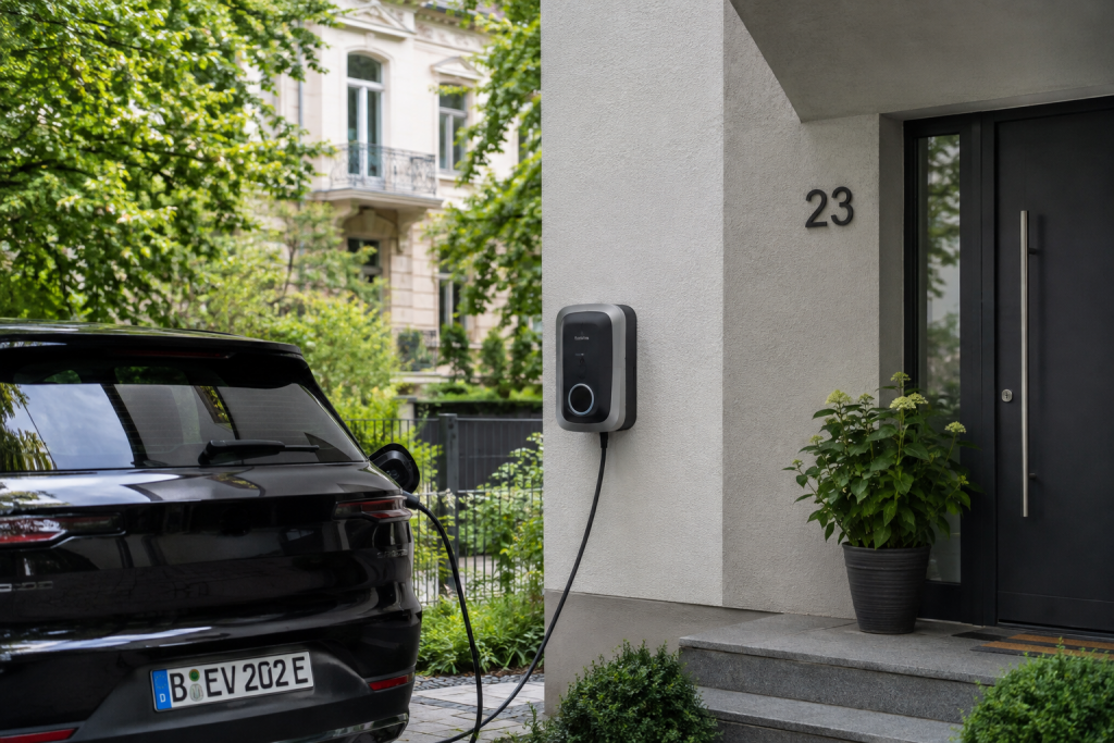 Elektroauto lädt an einer Wallbox am Eigenheim in Berlin